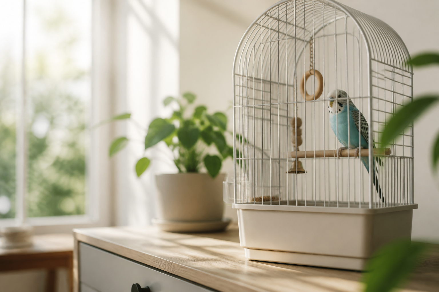 Quiet budgie care scene with cage and home environment